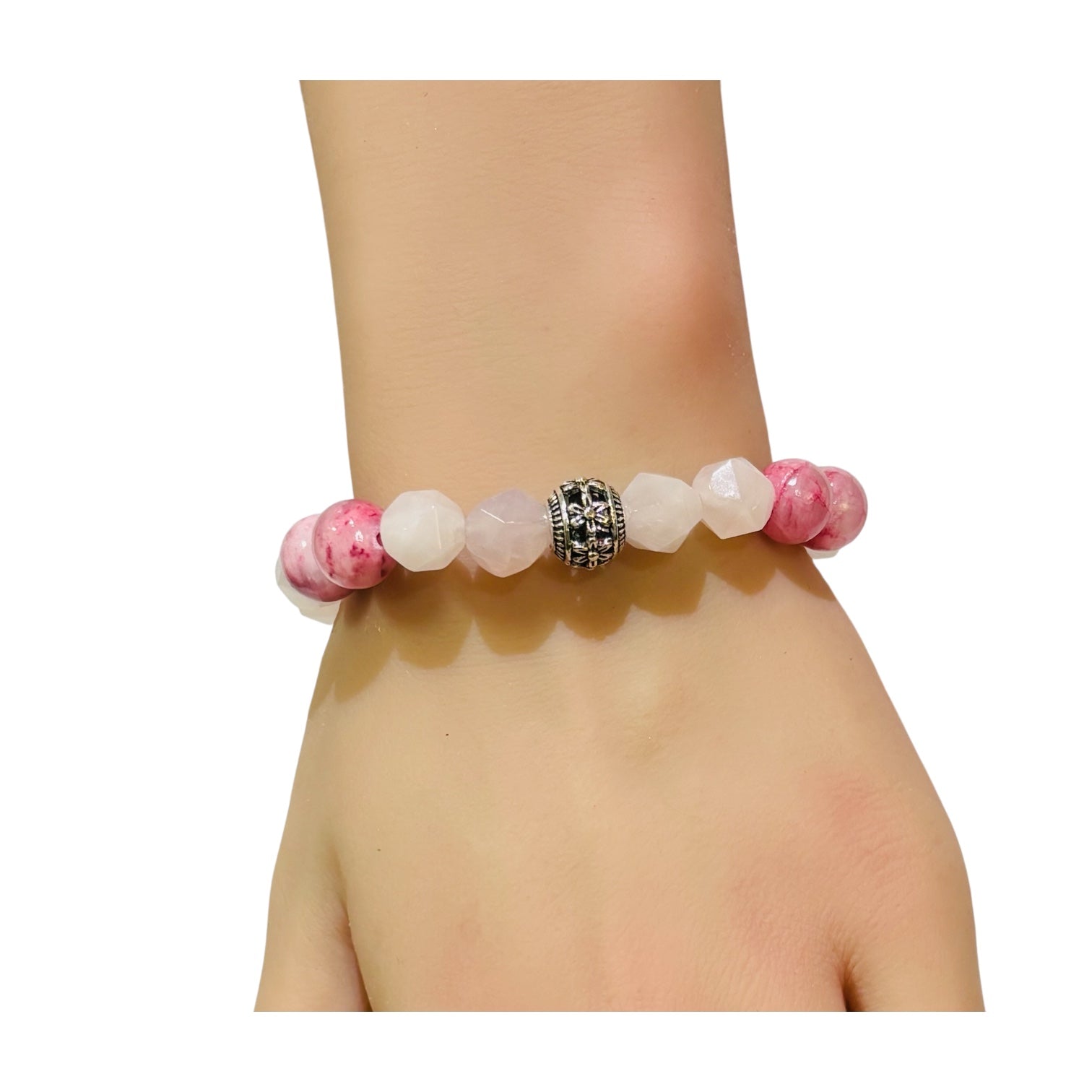 Red Persian Agate Faceted Rose Quartz bracelet with a Tibetan Silver Charm