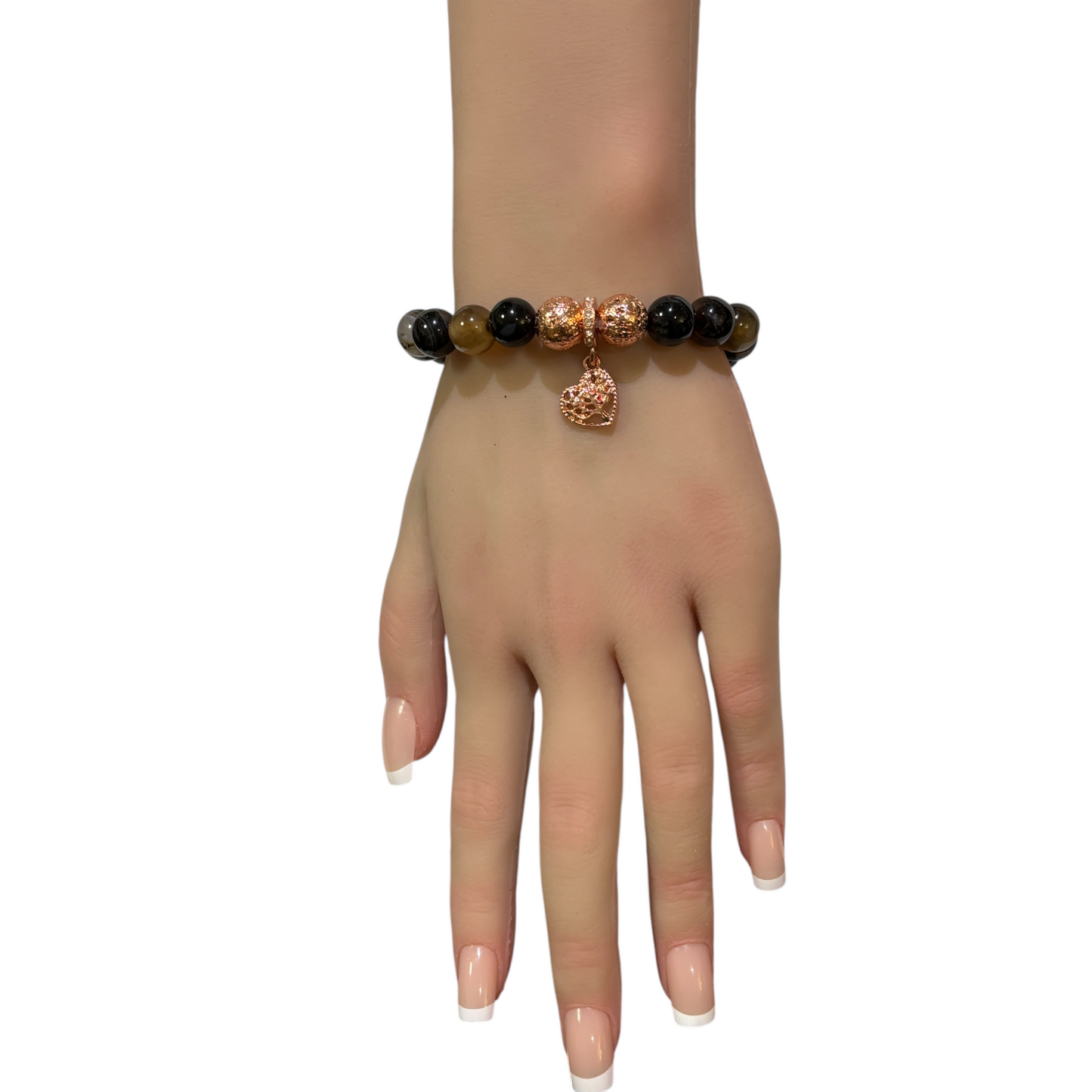Brown Striped Agate Bracelet with Rose gold treated Lava rock and brass charm