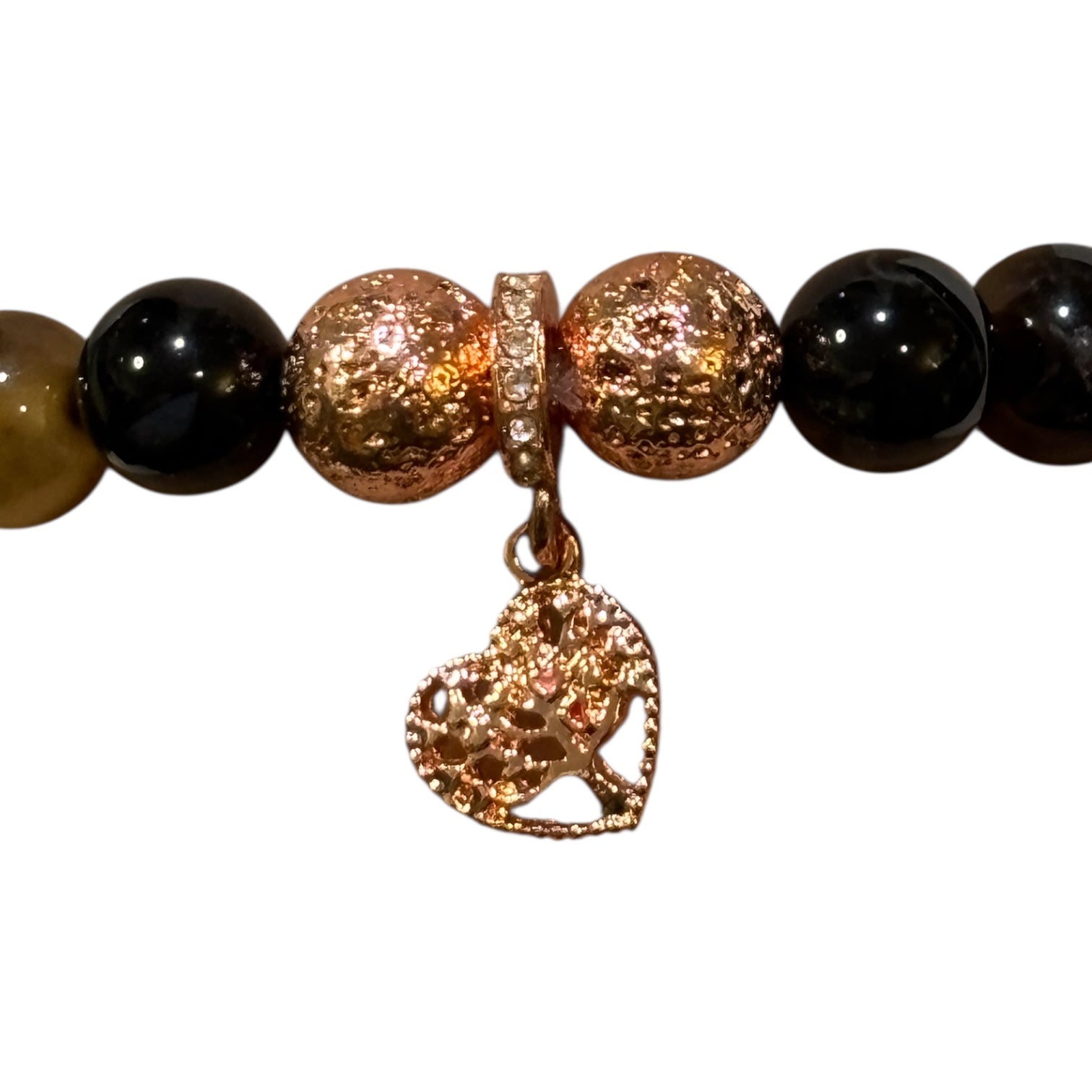 Brown Striped Agate Bracelet with Rose gold treated Lava rock and brass charm