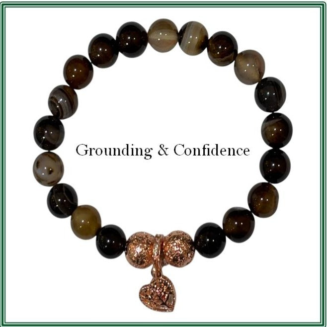 Brown Striped Agate Bracelet with Rose gold treated Lava rock and brass charm