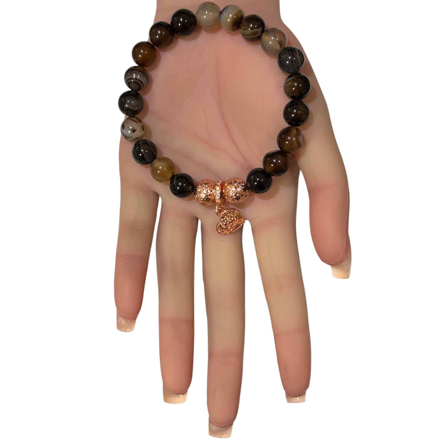 Brown Striped Agate Bracelet with Rose gold treated Lava rock and brass charm