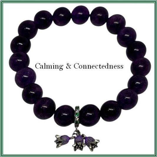 Amethyst Stone Bracelet with Silver-Plated Charm adorned with Purple Enamel Flowers