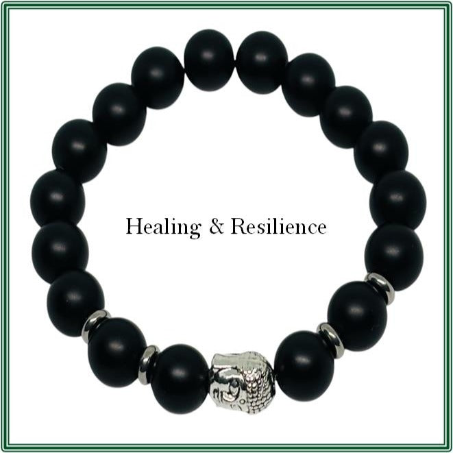 Matt Black Onyx stone Bracelet with a Silver Budda finding