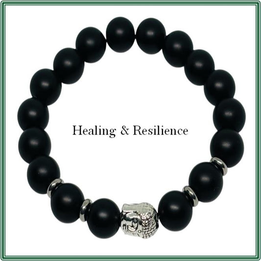 Matt Black Onyx stone Bracelet with a Silver Budda finding