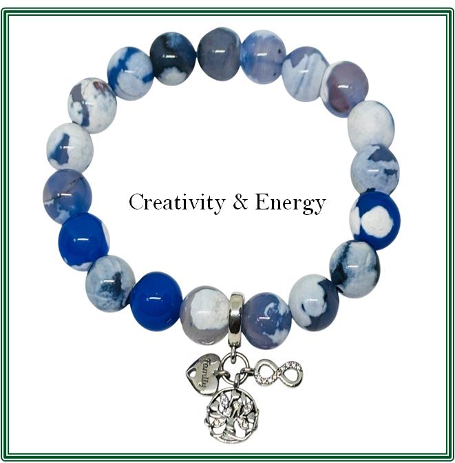 Blue Fire Agate Stone Bracelet adorned with a Sterling Silver Charm that features a Family Tree, a Love Heart, and Infinity Symbols.