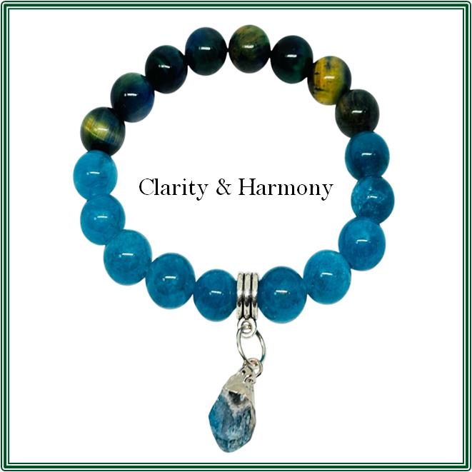 Bracelet - Blue Green Tigers Eye & Apatite with Raw Apatite Charm
