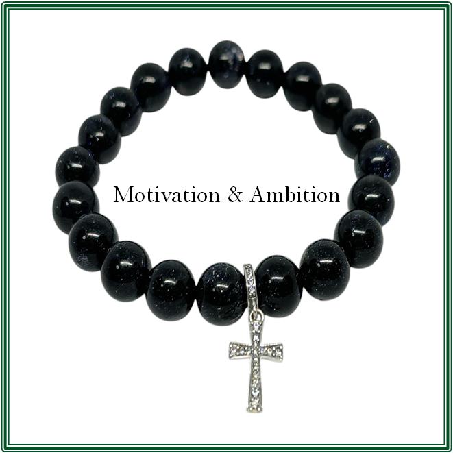 Blue Sandstone Bracelet featuring a Stirling Silver and simulated Zircon cross charm