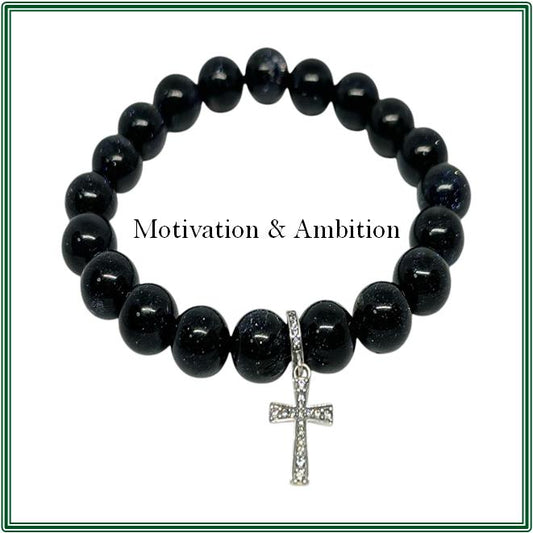 Blue Sandstone Bracelet featuring a Stirling Silver and simulated Zircon cross charm