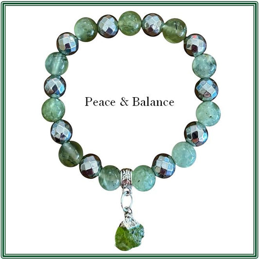 Prehnite & Silver Treated Bevelled Hematite with a Raw Peridot Charm