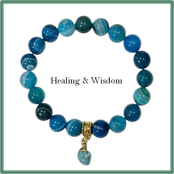 Bracelet - Blue Striped Agate with Raw Turquoise Charm in Brass