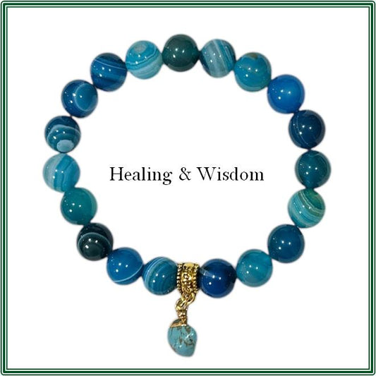 Bracelet - Blue Striped Agate with Raw Turquoise Charm in Brass