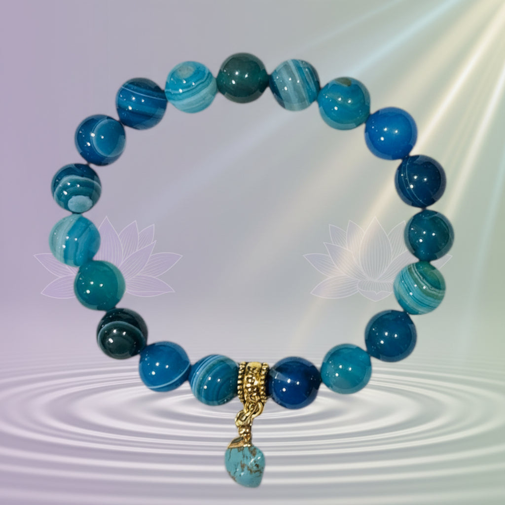 Bracelet - Blue Striped Agate with Raw Turquoise Charm in Brass
