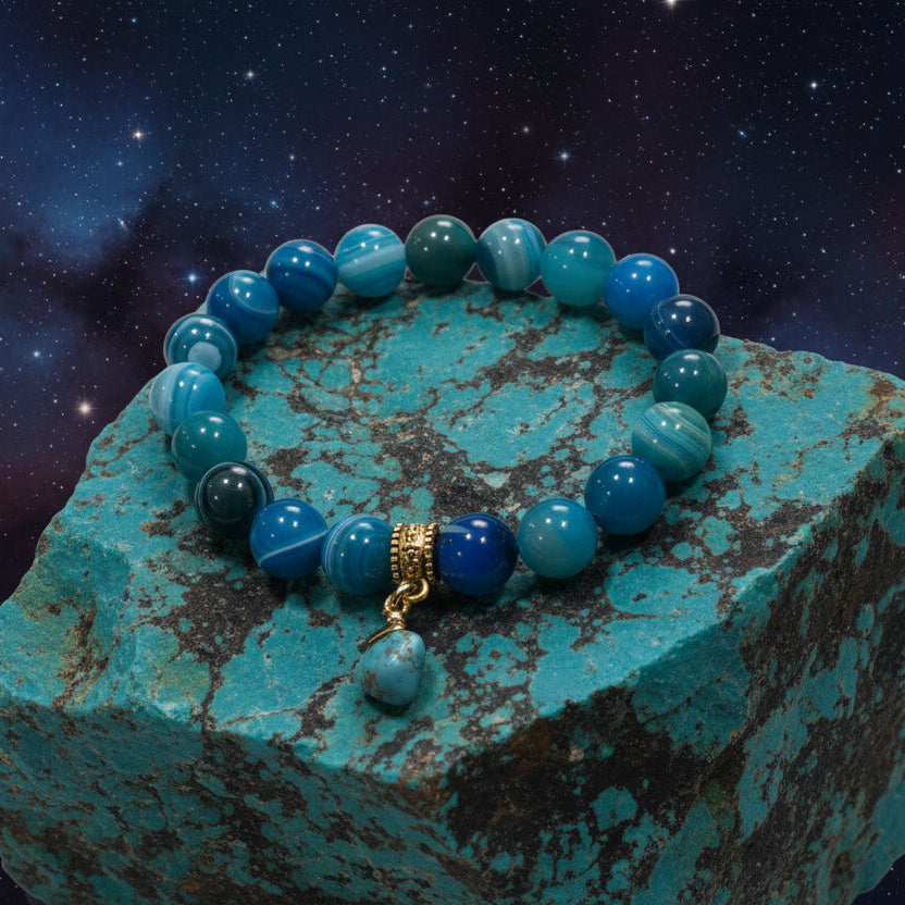 Blue Striped Agate and Raw Turquoise bracelet for healing and wisdom