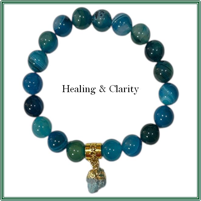 Bracelet - Blue Striped Agate with Raw Apatite set in Brass