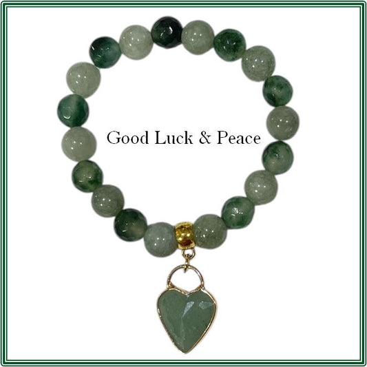 Blue Green Chalcedony Faceted & Green Jade bracelet with Large Aventurine Heart Charm