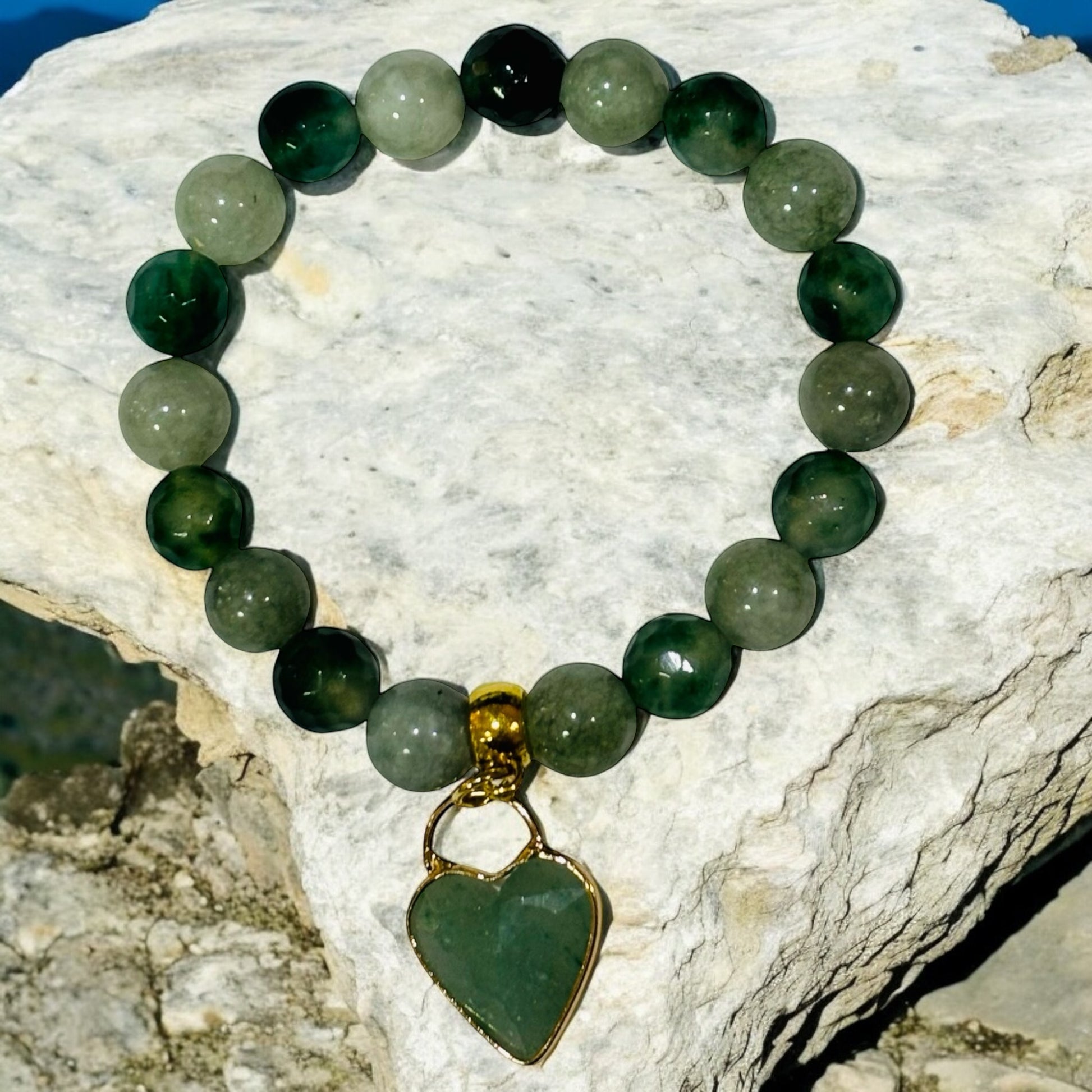 Blue Green Chalcedony Faceted & Green Jade bracelet with Large Aventurine Heart Charm
