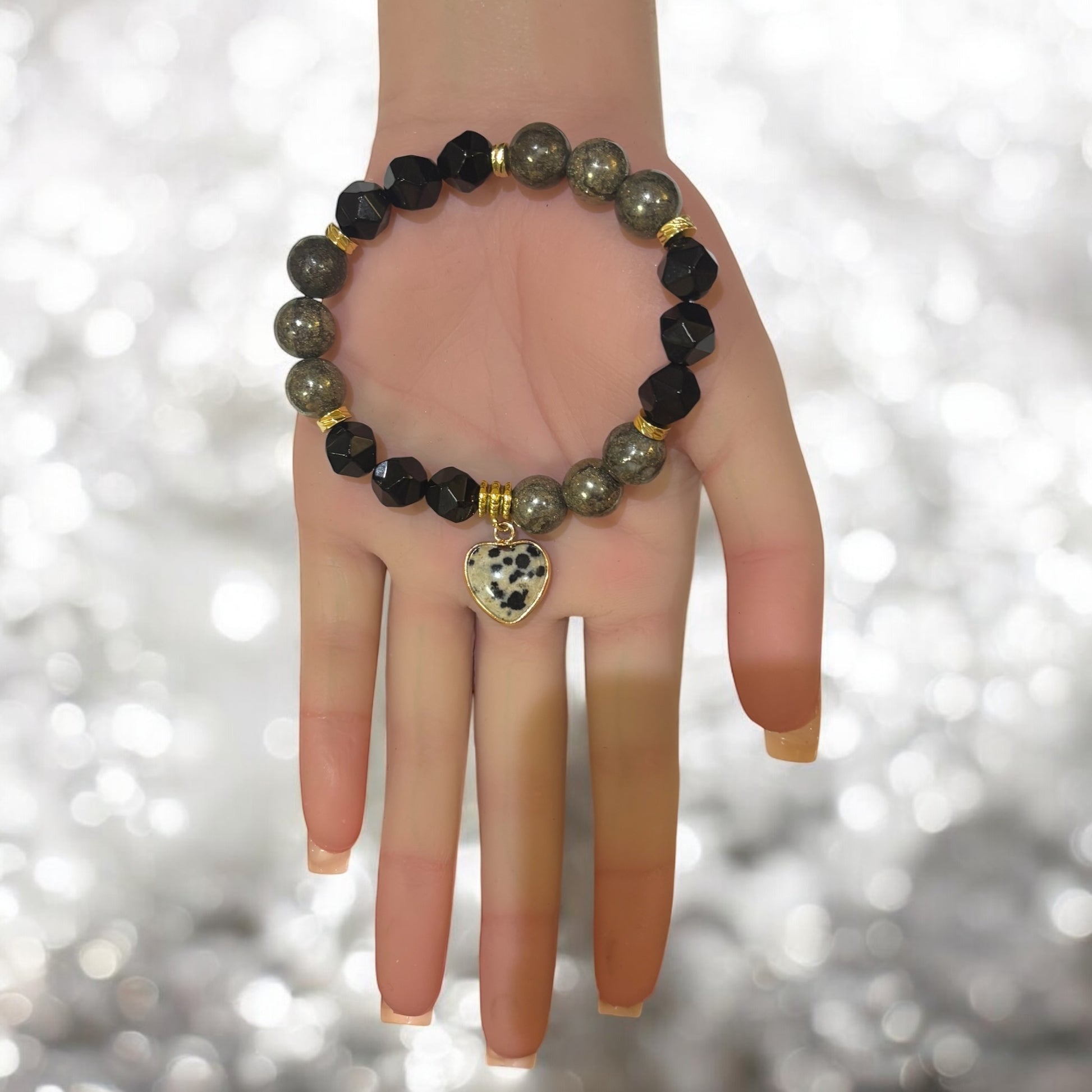 Pyrite and Faceted Black Onyx Bracelet with Dalmatian Jasper Heart Charm