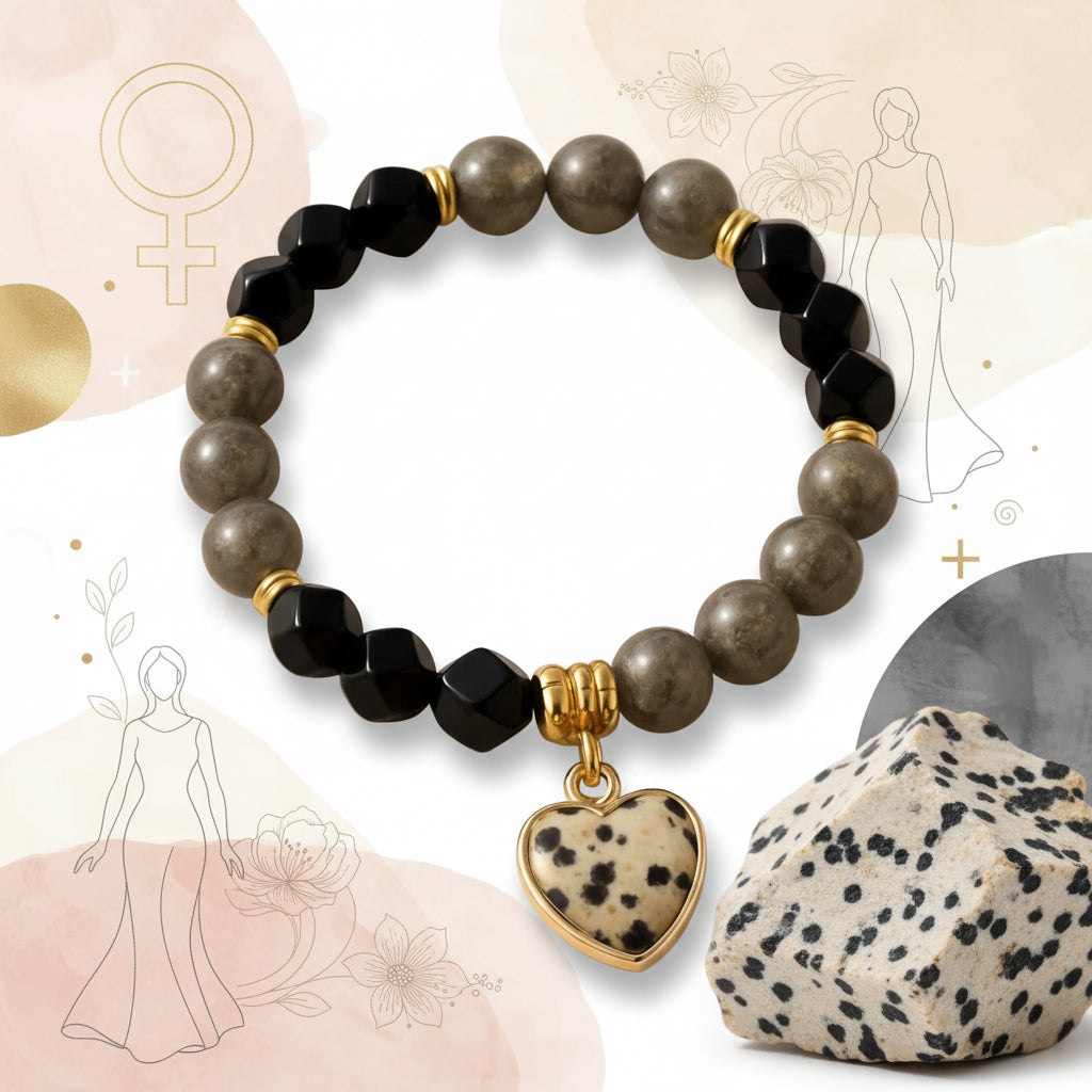 Pyrite, Black Onyx and Dalmatian Jasper Stone bracelet for strength and self-esteem