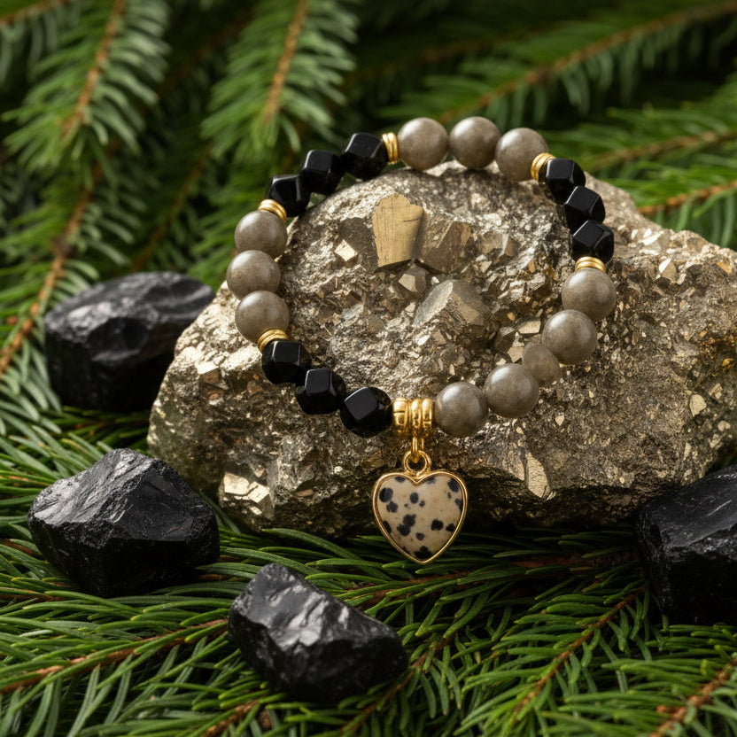 Pyrite, Black Onyx and Dalmatian Jasper Stone bracelet for strength and self-esteem