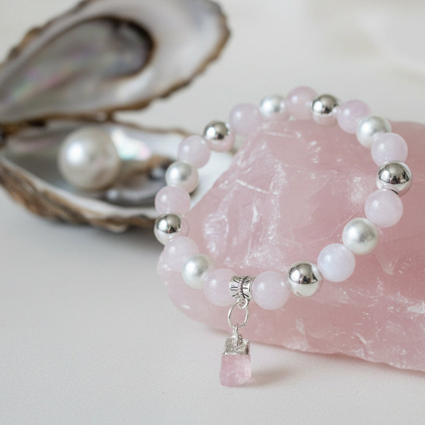 Rose Quartz and Silver Pearlescent treated Hematite with a Raw Pink Opal bracelet for healing and balance