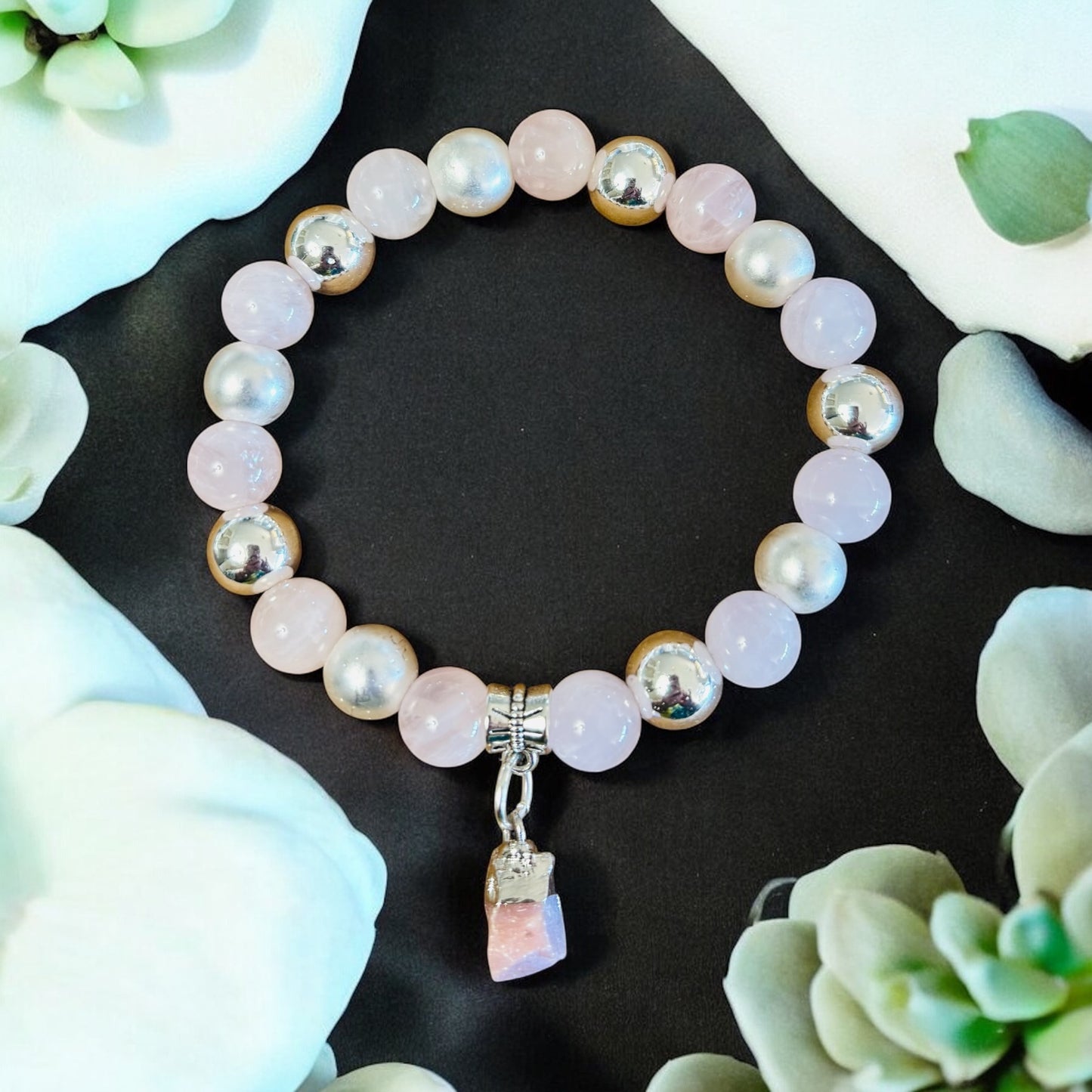 Rose Quartz & Pearlescent treated Hematite Bracelet with Raw Pink Opal Charm