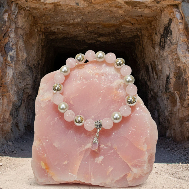 Rose Quartz and Silver Pearlescent treated Hematite with a Raw Pink Opal bracelet for healing and balance