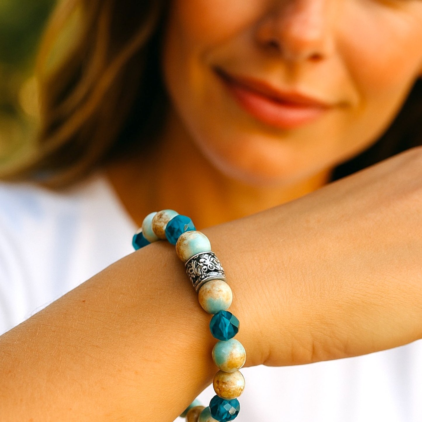 Imperial Blue Jasper & blue crystal Bracelet with a finding
