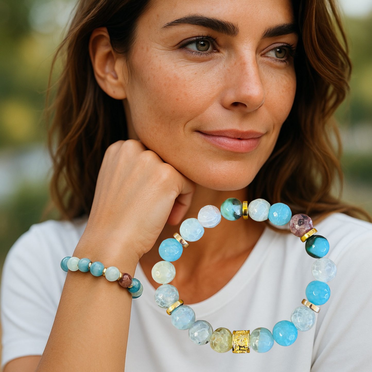 Bevelled Aquamarine Agate Bracelet with gold-plated Brass main charm and findings.