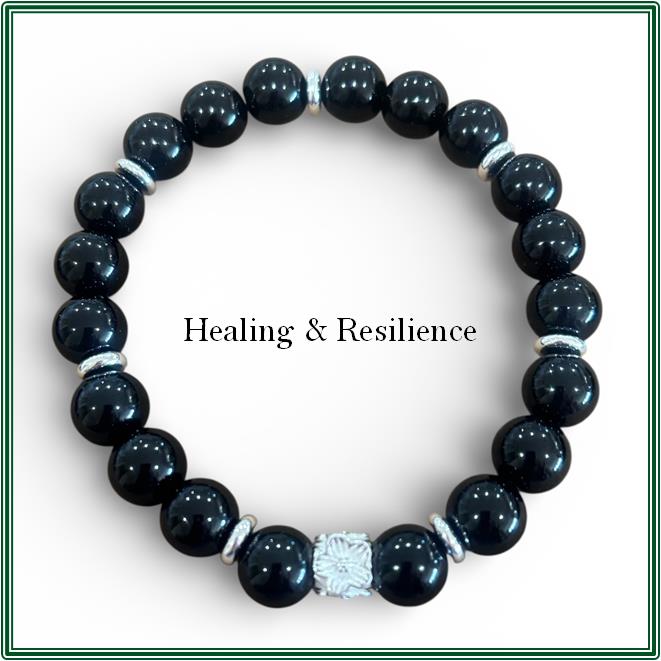 Black Onyx Bracelet with Stirling Silver Fower Charm