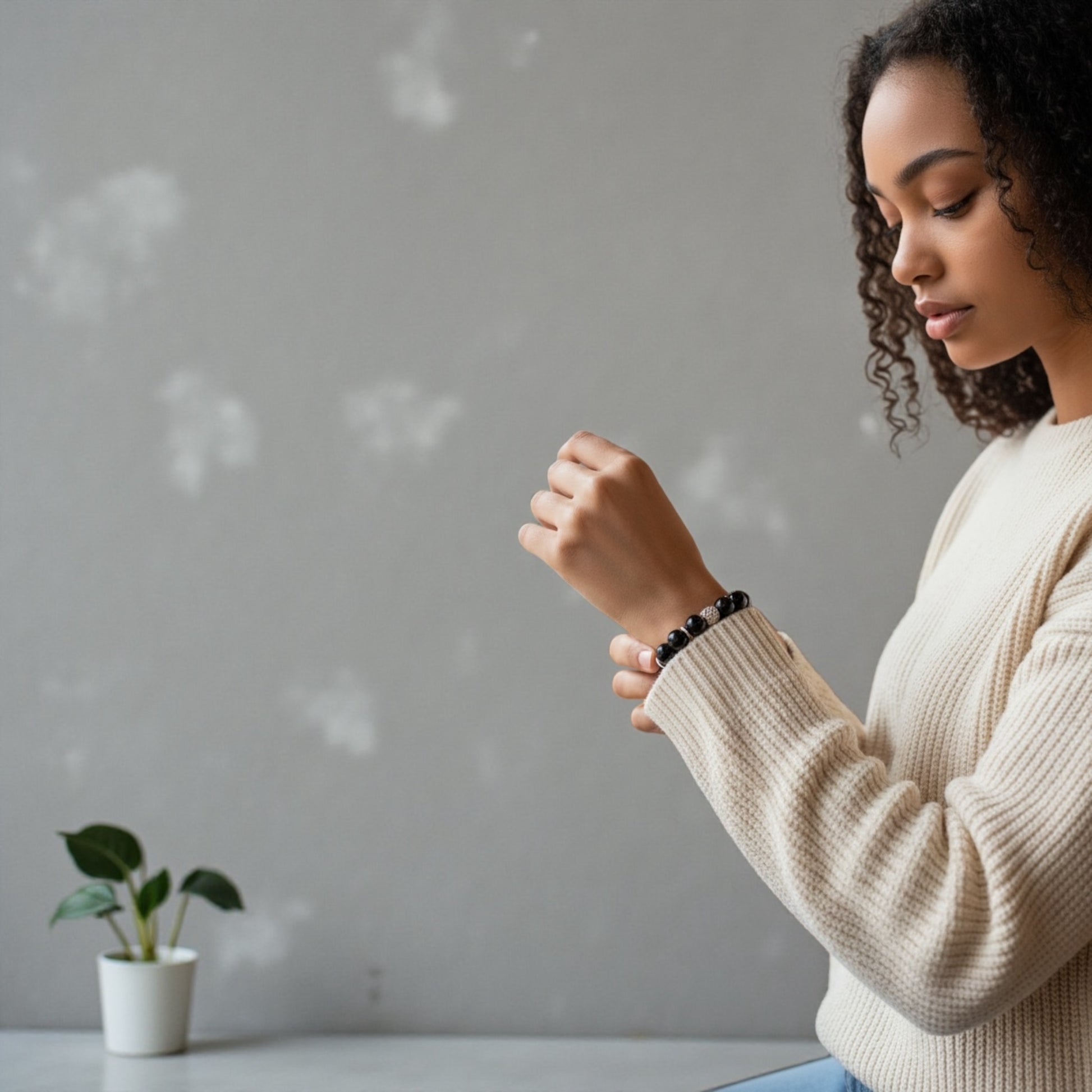 Black Onyx Bracelet with Stirling Silver Fower Charm