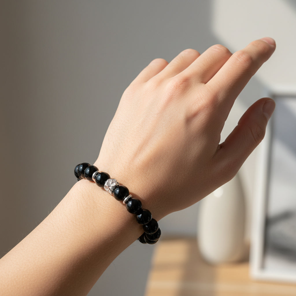 Bracelet - Black Onyx and Sterling Silver Flower Charm