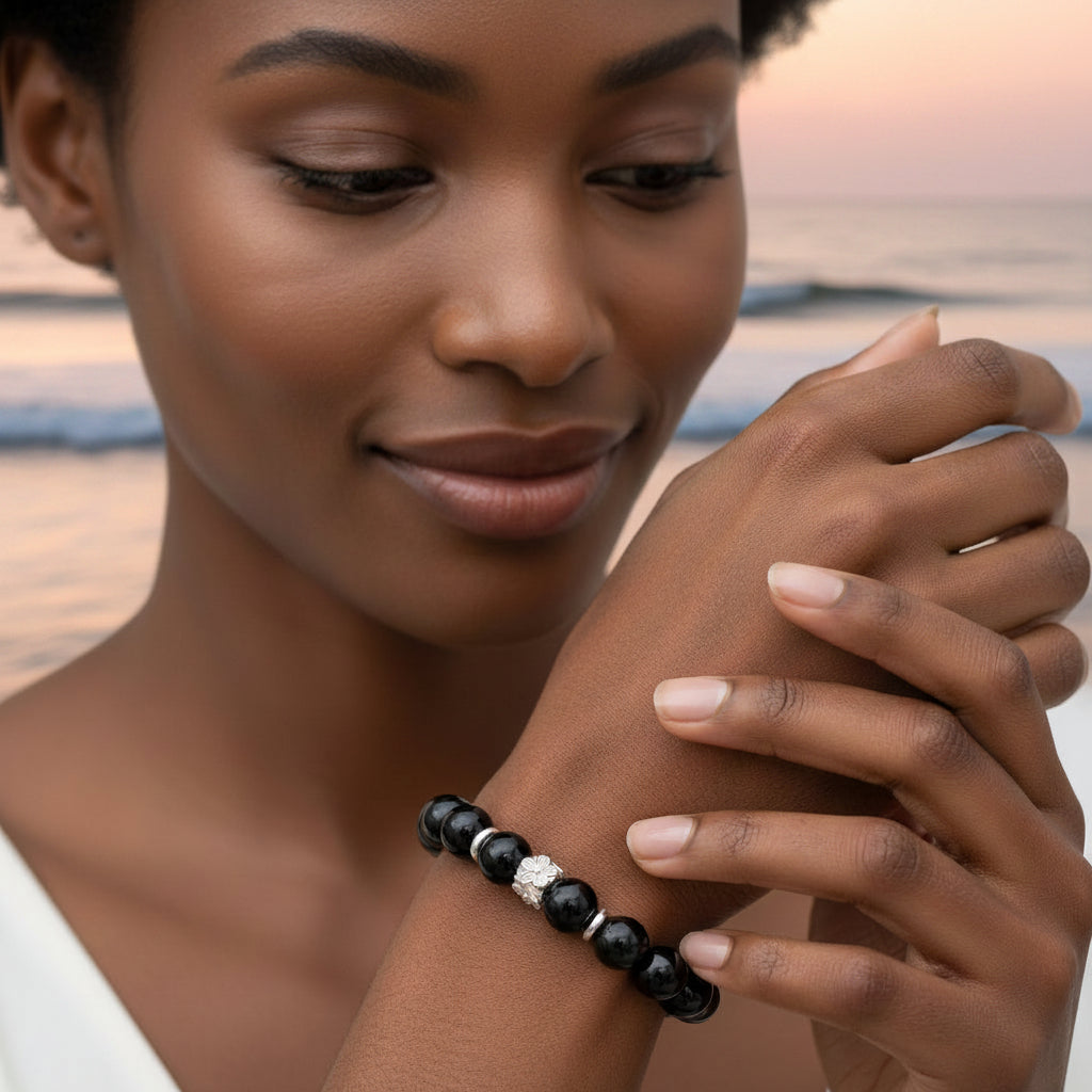 Bracelet - Black Onyx and Sterling Silver Flower Charm