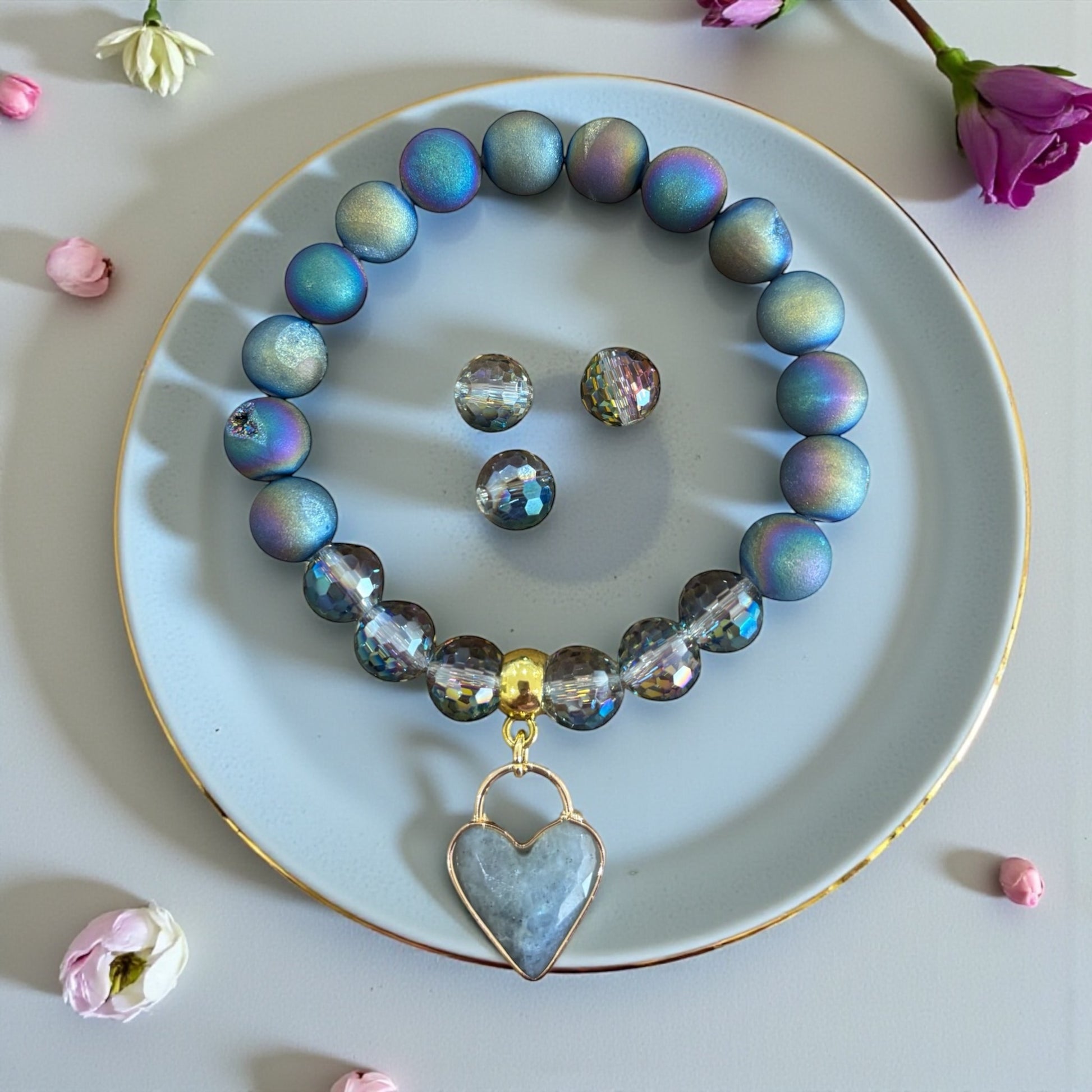  Druzy Quartz & Crystal Bracelet with Labradorite Charm