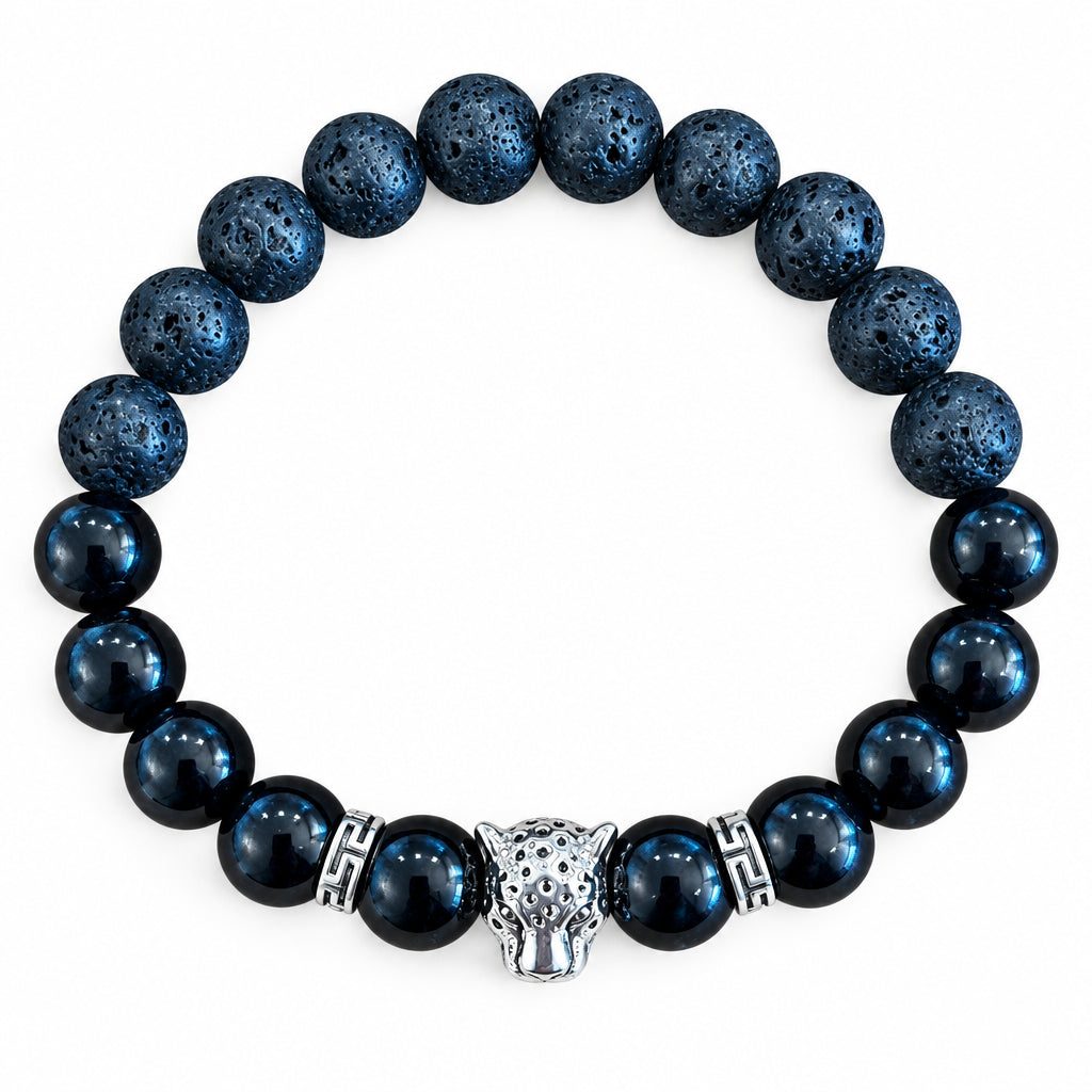 Bracelet - Black Onyx & Lava Rock with Leopard Head Charm