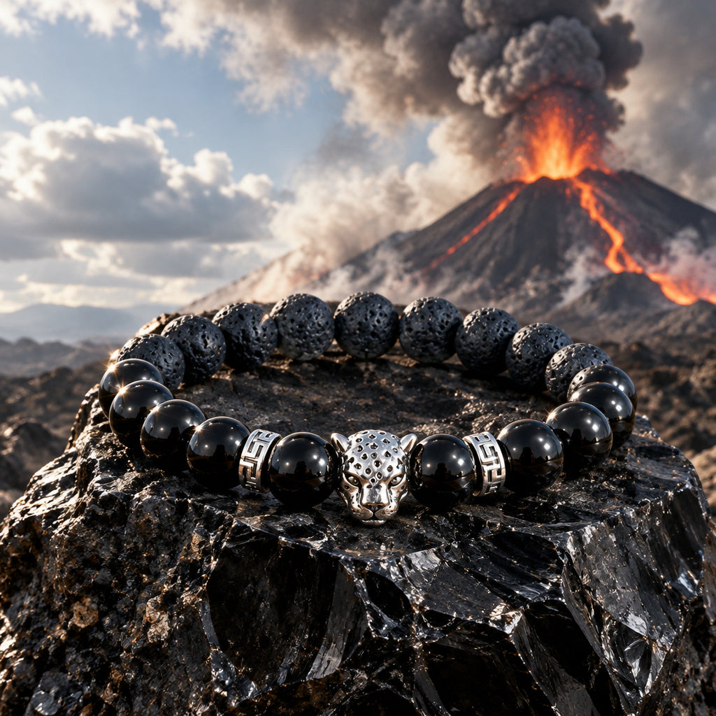 Bracelet - Black Onyx & Lava Rock with Leopard Head Charm