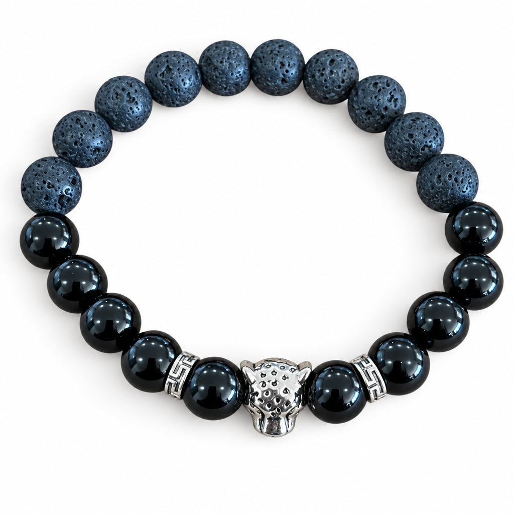 Bracelet - Black Onyx & Lava Rock with Leopard Head Charm
