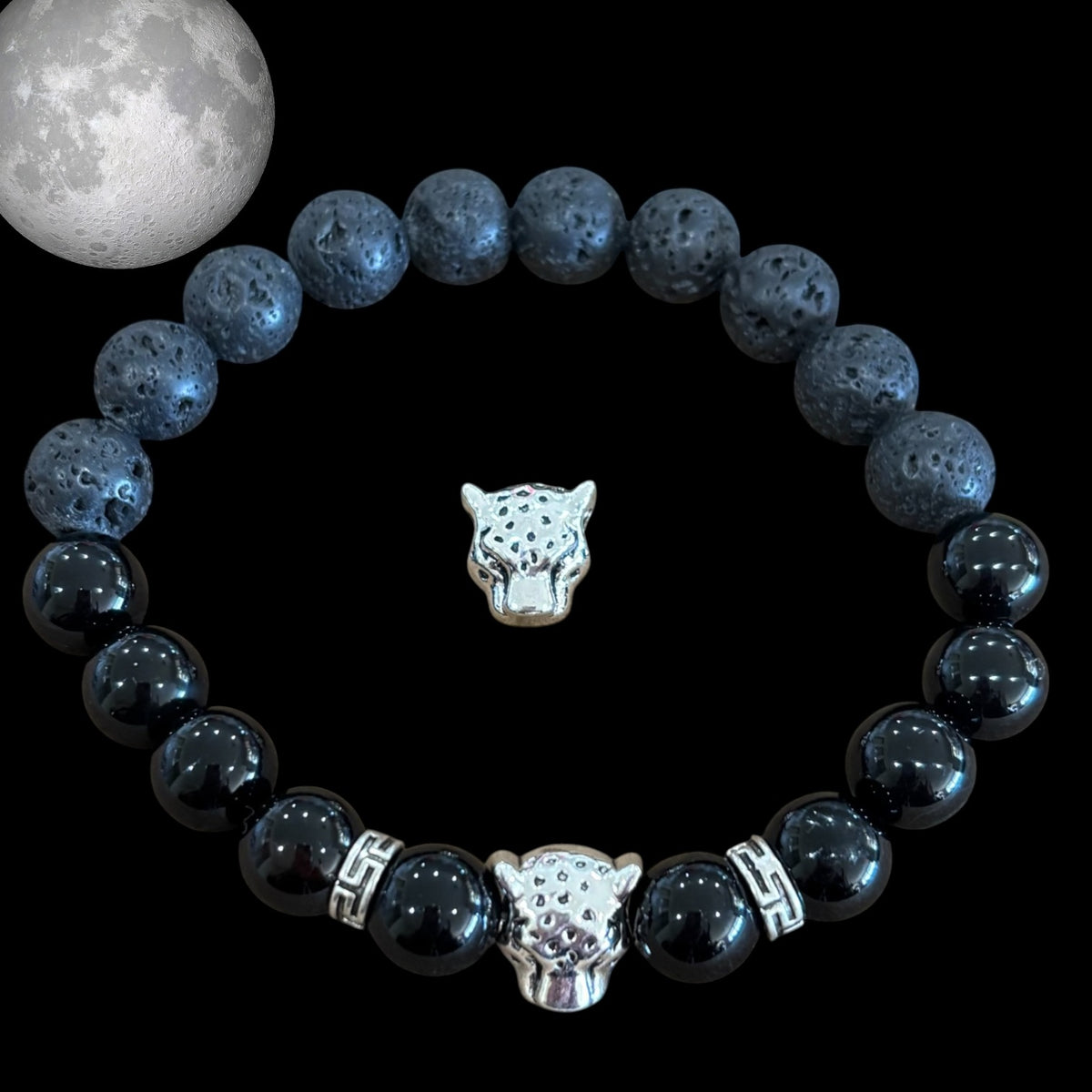 Bracelet - Black Onyx & Lava Rock with Leopard Head Charm