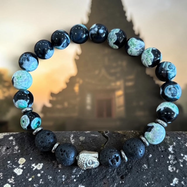 Handcrafted green dream agate and lava rock bracelet for balance, growth, and emotional resilience