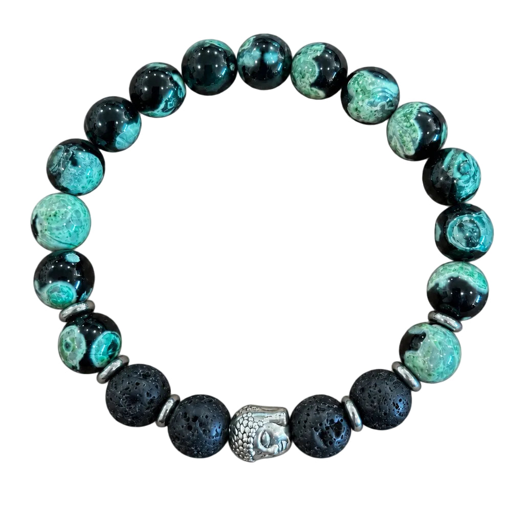 Handcrafted green dream agate and lava rock bracelet for balance, growth, and emotional resilience