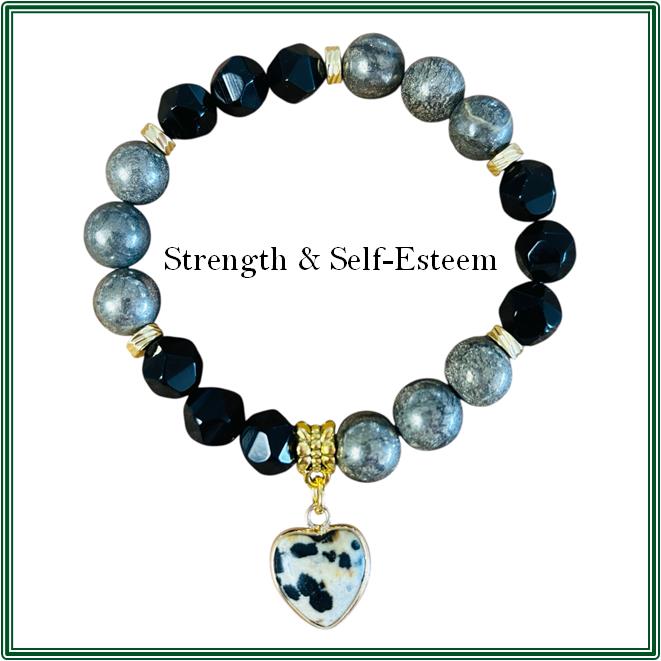 Pyrite and Faceted Black Onyx Bracelet with Dalmatian Jasper Heart Charm