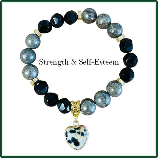 Pyrite and Faceted Black Onyx Bracelet with Dalmatian Jasper Heart Charm