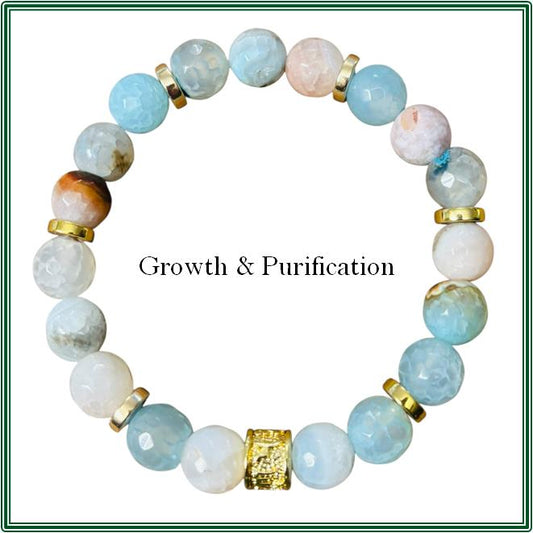 Bevelled Aquamarine Agate Bracelet with gold-plated Brass main charm and findings.